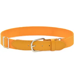 Orange elastic belt with leather ends and metal buckle, adjustable for daily wear.