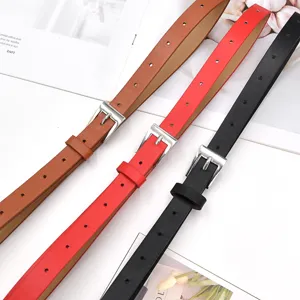 Close-up detail view of thin leather belts with silver square buckles in various colors.
