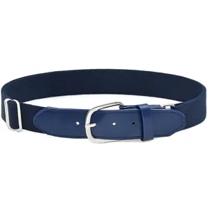 Dark blue elastic sports belt with adjustable metal buckle and faux leather detail view.