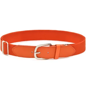 Orange elastic belt detail showing silver metal buckle, adjustable strap and leather tabs.