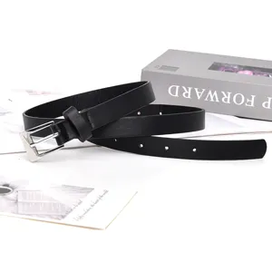 Detailed view of a minimalist black leather belt with a sleek silver square buckle.