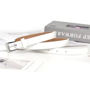 Minimalist white slim belt for women with elegant silver square buckle dress waist accessory