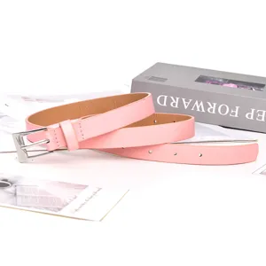 Minimalist candy pink women leather belt with silver square buckle for dress and coat decor.