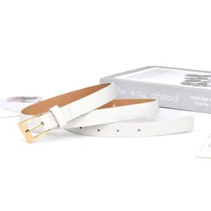 Detail view of a stylish white thin leather belt featuring a sleek gold square buckle.