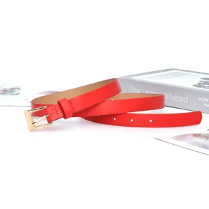 Red thin leather belt for women with gold square buckle stylish dress waist accessory