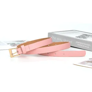 Close up detail of a pink thin belt with a stylish golden square buckle, ideal decoration.