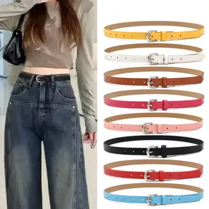 Detailed view of women thin PU leather belt with metal pin buckle, multiple color options.
