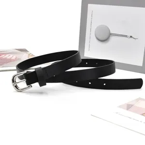 Women classic black PU leather belt with silver pin buckle minimal style daily wear