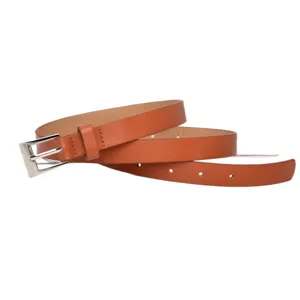 Minimalist brown leather belt for women with silver square buckle, elegant dress accessory.