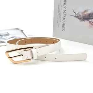 White slim leather belt detail shot featuring a polished gold-tone buckle and clean stitching.