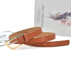 Close-up details of the elegant brown leather belt with stylish golden buckle, casual design.