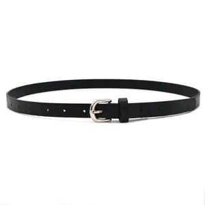 Minimalist women black PU leather belt detail view, elegant silver buckle, slim adjustable waist.