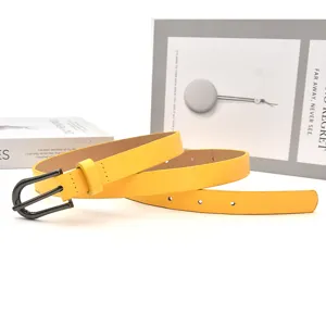 Ceinture fine en cuir jaune pour femme avec boucle en métal, sangle de taille décontractée.
