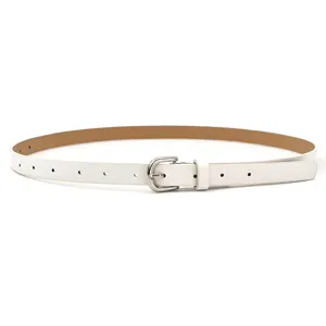 Detailed view of women's white PU leather skinny belt with silver buckle for everyday wear.