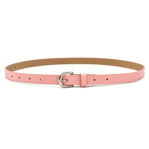 Detailed close-up of the elegant pink PU leather belt featuring a classic silver buckle.