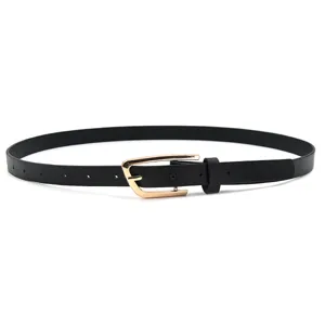 Women's slim black leather belt with gold geometric buckle casual waist belt for jeans dress