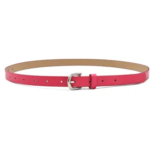 Detailed close-up of the pink PU leather women belt highlighting the silver buckle.