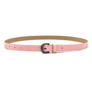 Women pink PU leather belt with dark metal buckle casual slim waist accessory for jeans