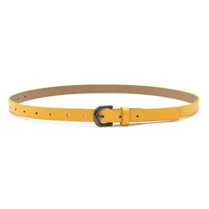 Close-up detail view of the stylish yellow PU leather thin belt with dark metal buckle.