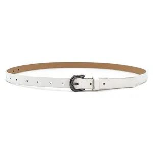 White PU leather slim belt detail view showcasing the dark metal buckle and smooth strap finish.