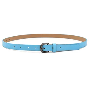 Light blue PU leather thin women belt close up detail view stylish daily wear accessory