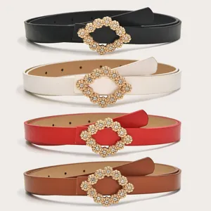 Dames Mode Strass Gesp PU Leer Riem Casual Jurk Trui Decoratieve Tailleband Metaal Legering Dunne Riem