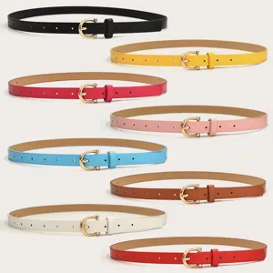 Women's Thin PU Leather Belt Multi-Color Dress Decorative Waistband with Gold Buckle