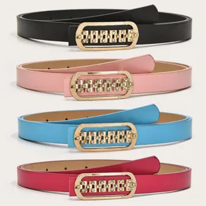 Women PU Leather Thin Belt With Rhinestone Geometric Buckle Versatile Casual Dress Pants Waist Belt Accessories