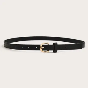 Black thin PU leather belt detail view, elegant gold buckle for dresses and pants.