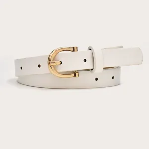 White PU leather women belt with gold buckle, minimalist thin belt for dress and sweater detail.
