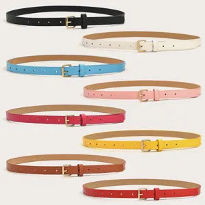 Simple women thin leather belt with gold pin buckle stylish dress accessory multi color