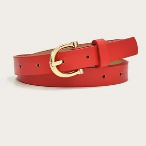 Red PU leather thin belt for women, elegant gold U-shaped buckle dress waist belt.