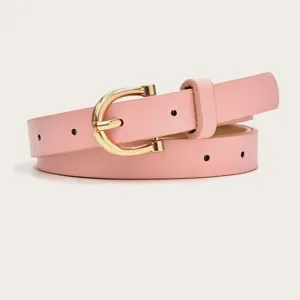 Pink PU leather belt detail, stylish thin strap with gold horseshoe buckle for women.