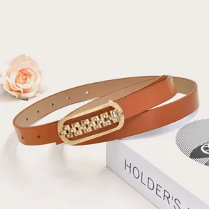 Elegant brown thin leather belt with a stylish gold rhinestone geometric buckle detail.