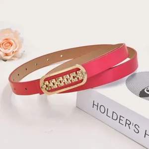 Red women's thin belt with rhinestone gold buckle stylish accessory for dress pants