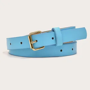 Close-up detail of a slim light blue women belt with elegant gold square pin buckle accessory.