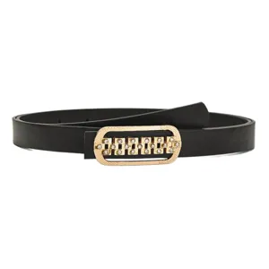 Elegant black leather women waist belt with gold rhinestone geometric buckle for dress