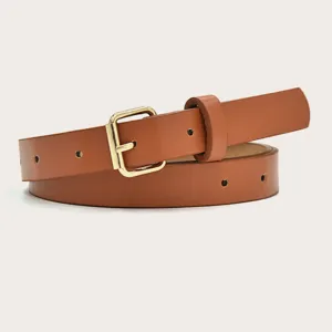 Women brown thin leather belt with gold buckle stylish dress accessory width 1.4cm