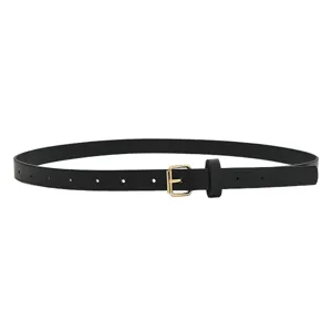 Simple women's thin black leather belt with gold pin buckle, 1.4cm wide fashion skirt accessory.