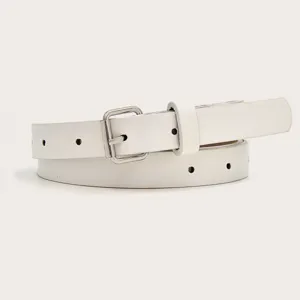 Minimalist white thin leather belt for women with silver pin buckle elegant dress accessory.