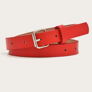 Red women thin leather belt with silver pin buckle minimal style dress accessory casual daily use