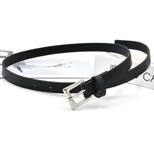 Women black thin leather belt with silver metal pin buckle minimalist style fashion accessory