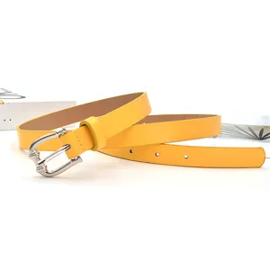 Yellow PU leather women belt with silver buckle casual jeans dress accessory detail view