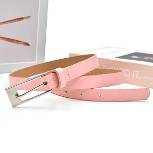 Close-up detail of the stylish pink PU leather belt featuring a sleek silver metal pin buckle.