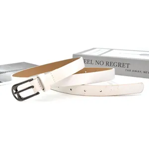 White thin PU leather belt for women, elegant minimalist waist accessory for casual jeans and dresses.