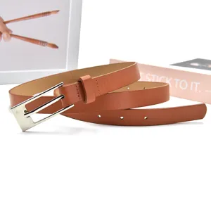 Brown PU leather belt detail, stylish metal pin buckle, versatile accessory for women's outfits