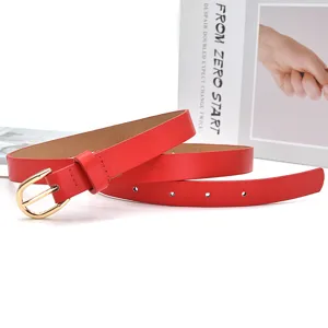 Women red thin leather belt with gold metal buckle stylish casual jeans dress accessory