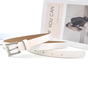 Minimalist white leather belt for women with stylish silver pin buckle for everyday wear.