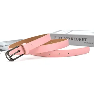 Pink PU leather belt for women with a sleek metal pin buckle, perfect for dresses and jeans.