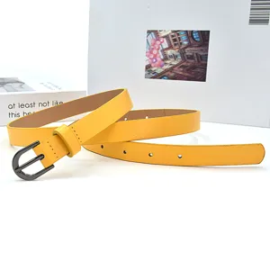 Dames gele smalle lederen riem, eenvoudige retro doorngesp broekriem voor dagelijks gebruik.